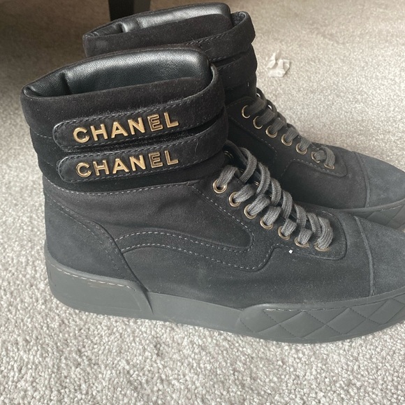 Chanel black high top sneakers with gold chanel at top. 37 - Picture 1 of 3